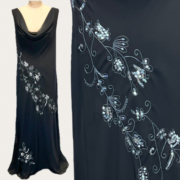 Climbing vine flower dress sleeveless draped cowl neck long maxi sequin sparkle - Picture 1 of 12